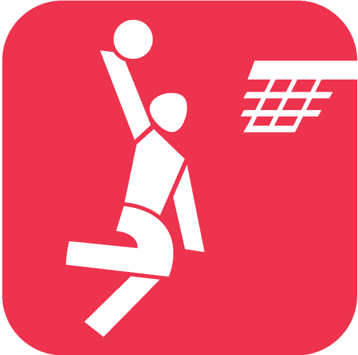 Weißes Piktogramm einer Person beim Basketball spielen auf rotem Hintergrund