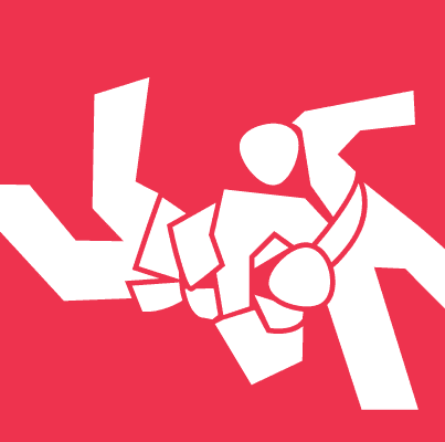 Symbol einer Kampfsportbewegung mit zwei stilisierten Kämpfern auf rotem Hintergrund.