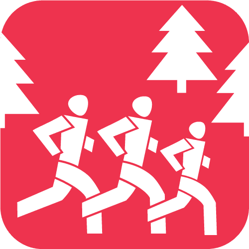 Minimalistische weiße Silhouetten dreier Personen, die gemeinsam durch einen stilisierten Wald laufen, auf rotem Hintergrund.