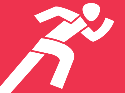 Minimalistische weiße Silhouette einer Person bei der Leichtathletik, die in einer dynamischen Laufbewegung dargestellt ist, auf rotem Hintergrund.