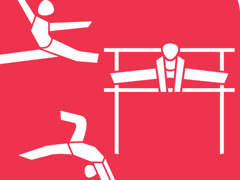 Minimalistische weiße Silhouetten von drei turnenden Personen an unterschiedlichen Geräten – Boden, Schwebebalken und Barren – auf rotem Hintergrund.